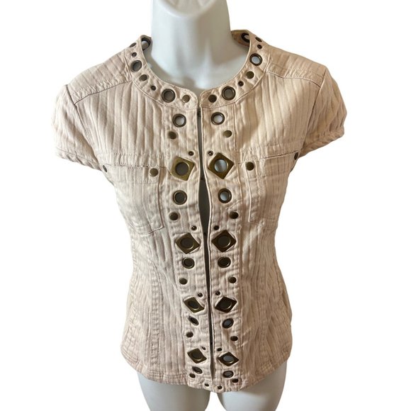 Live a Little Tops - Live A Little Chic: Cream & Brown Geometric Embellished Denim Top - Womens Small